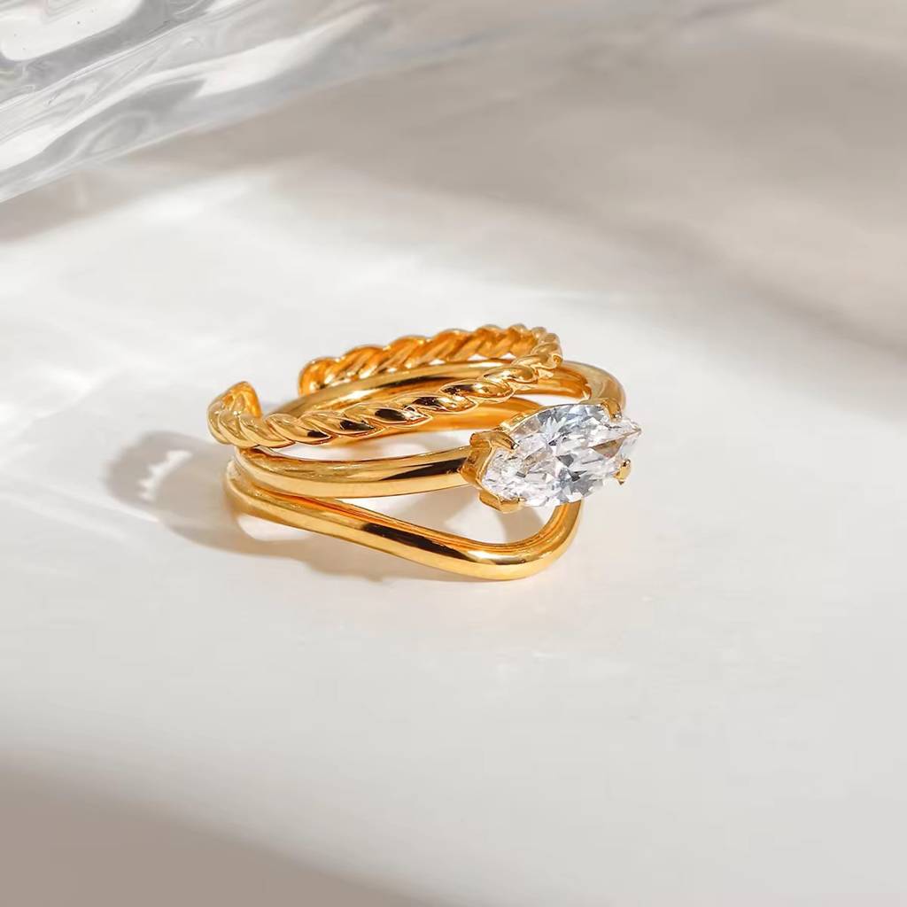 Set Of 3 Stackable Water Droplet And Leaves Stainless Steel Waterproof Rings, Magnolia : INMAGNOLIA
