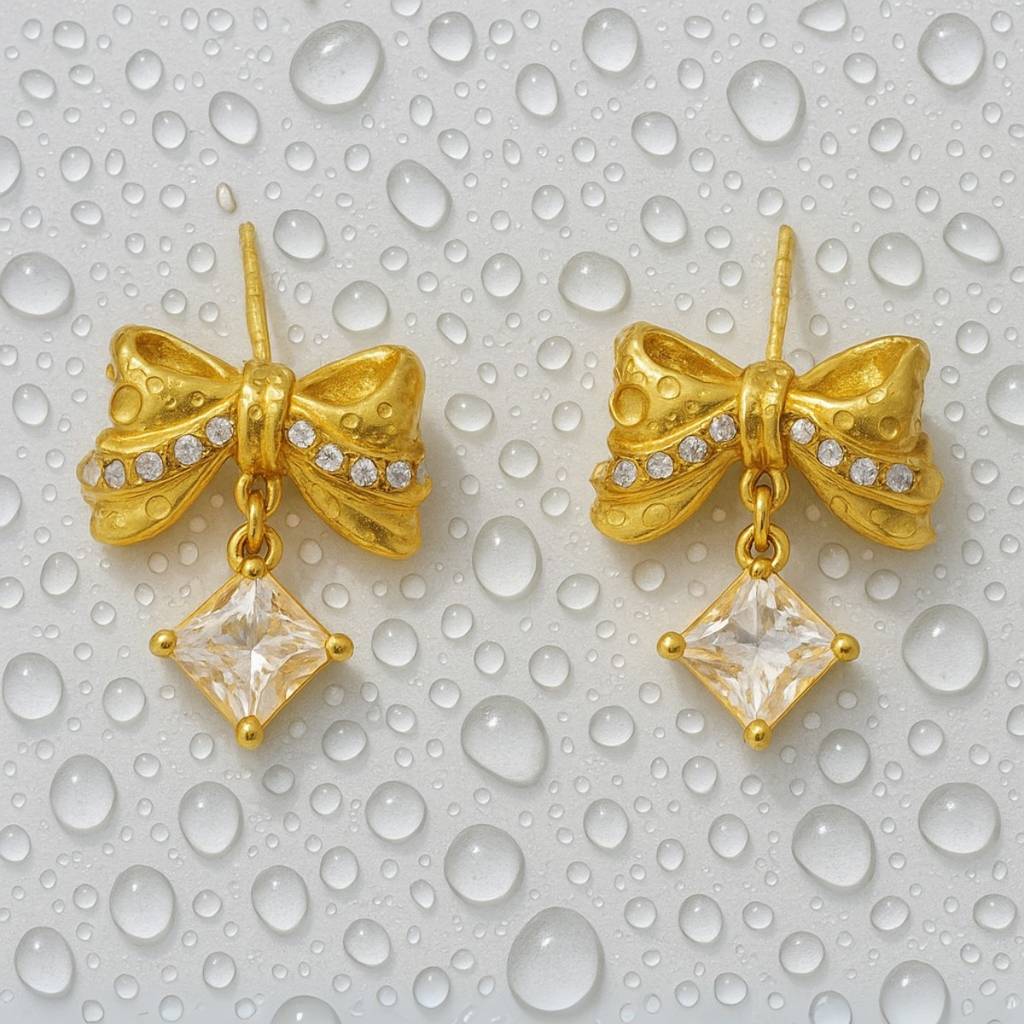 18Kt Gold Plated Statement Bowtie And Rhinestone Stainless Steel Waterproof Earrings, Mehar : INMEHAR