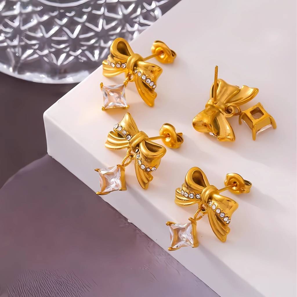 18Kt Gold Plated Statement Bowtie And Rhinestone Stainless Steel Waterproof Earrings, Mehar : INMEHAR