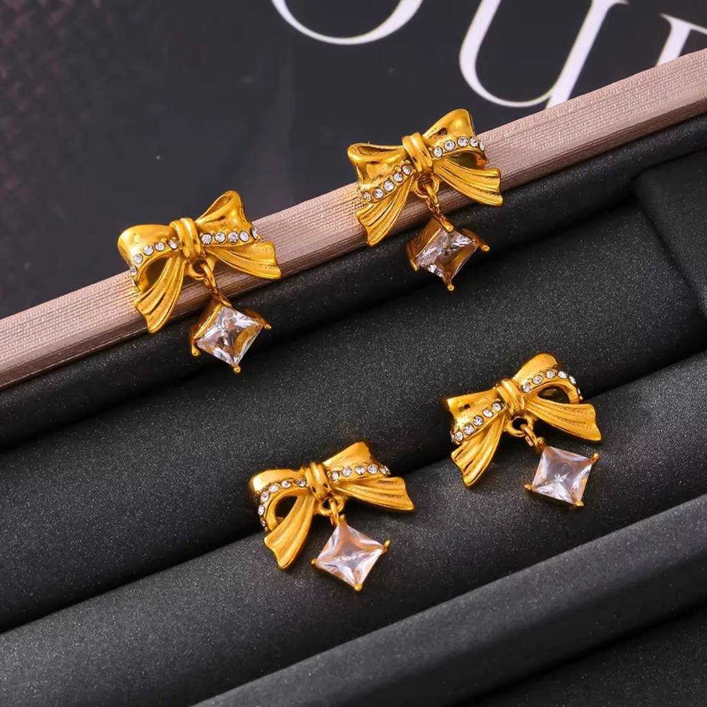 18Kt Gold Plated Statement Bowtie And Rhinestone Stainless Steel Waterproof Earrings, Mehar : INMEHAR
