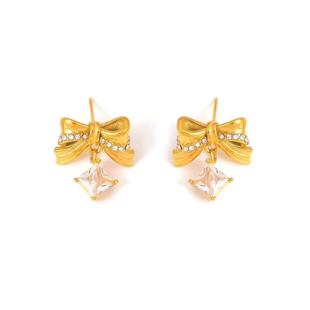 18Kt Gold Plated Statement Bowtie And Rhinestone Stainless Steel Waterproof Earrings, Mehar : INMEHAR