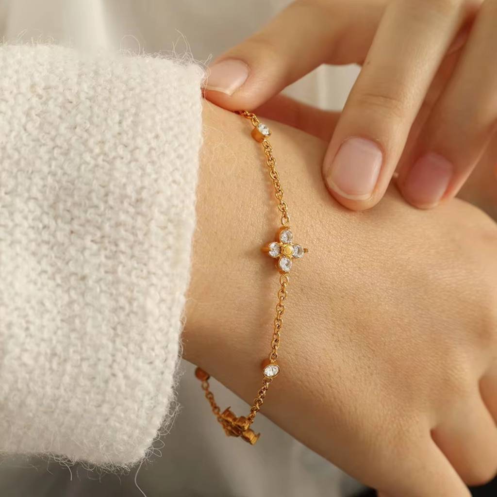 Minimal Flower And Zircon Stainless Steel Waterproof Bracelet, Mirahi : INMIRAHI