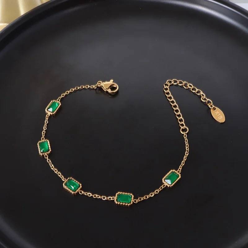 18Kt Gold Plated Rectangle Emerald Zircon Bracelet, Navya : INNAVYA