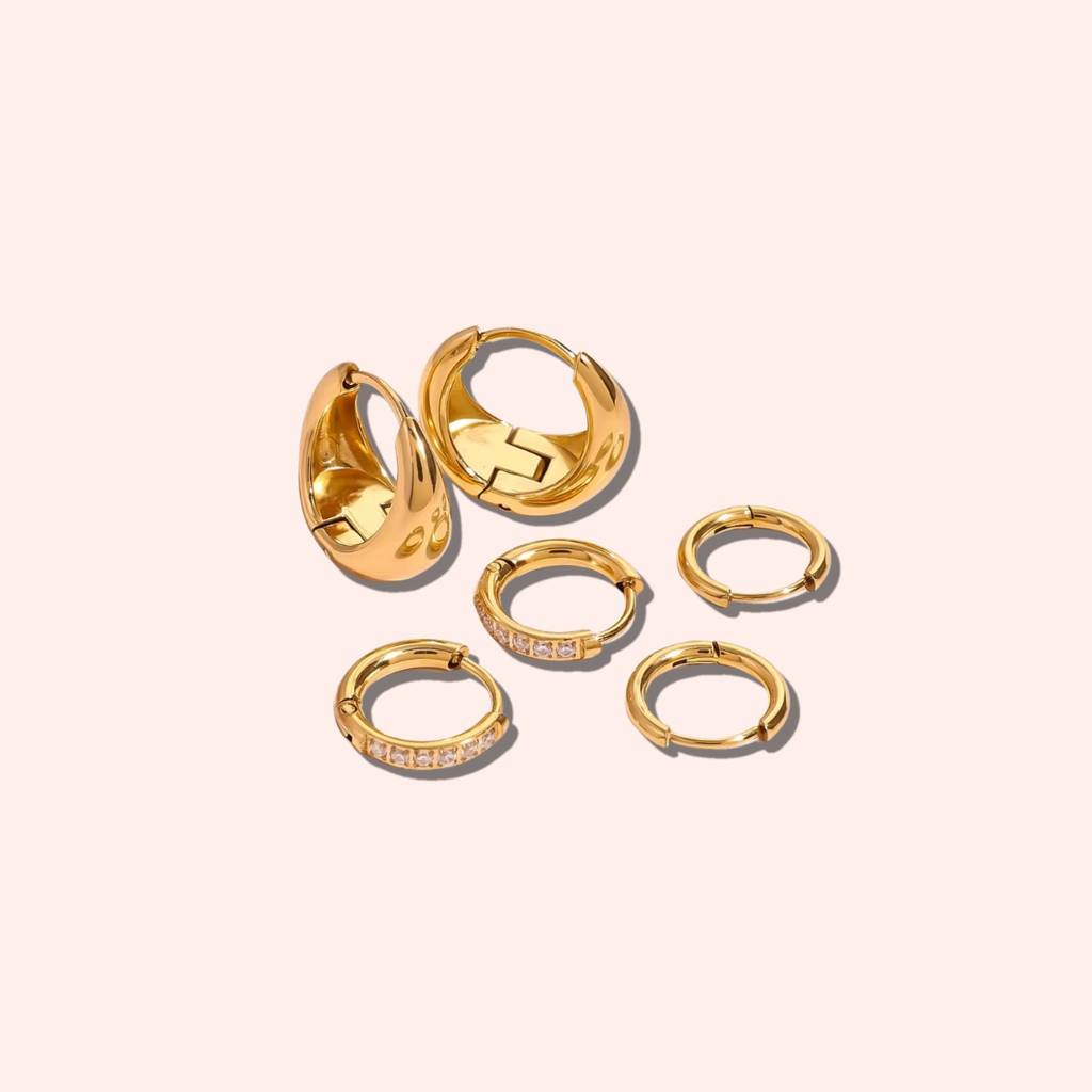 18Kt Gold Plated Dainty Set Of Three Bali And Golden Hoop Waterproof Earring Set, Pappilon : INPAPPILON