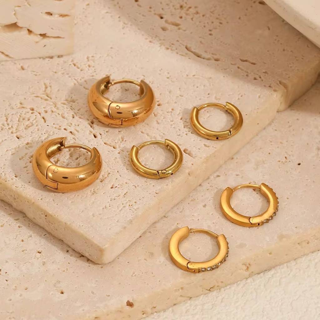 18Kt Gold Plated Dainty Set Of Three Bali And Golden Hoop Waterproof Earring Set, Pappilon : INPAPPILON
