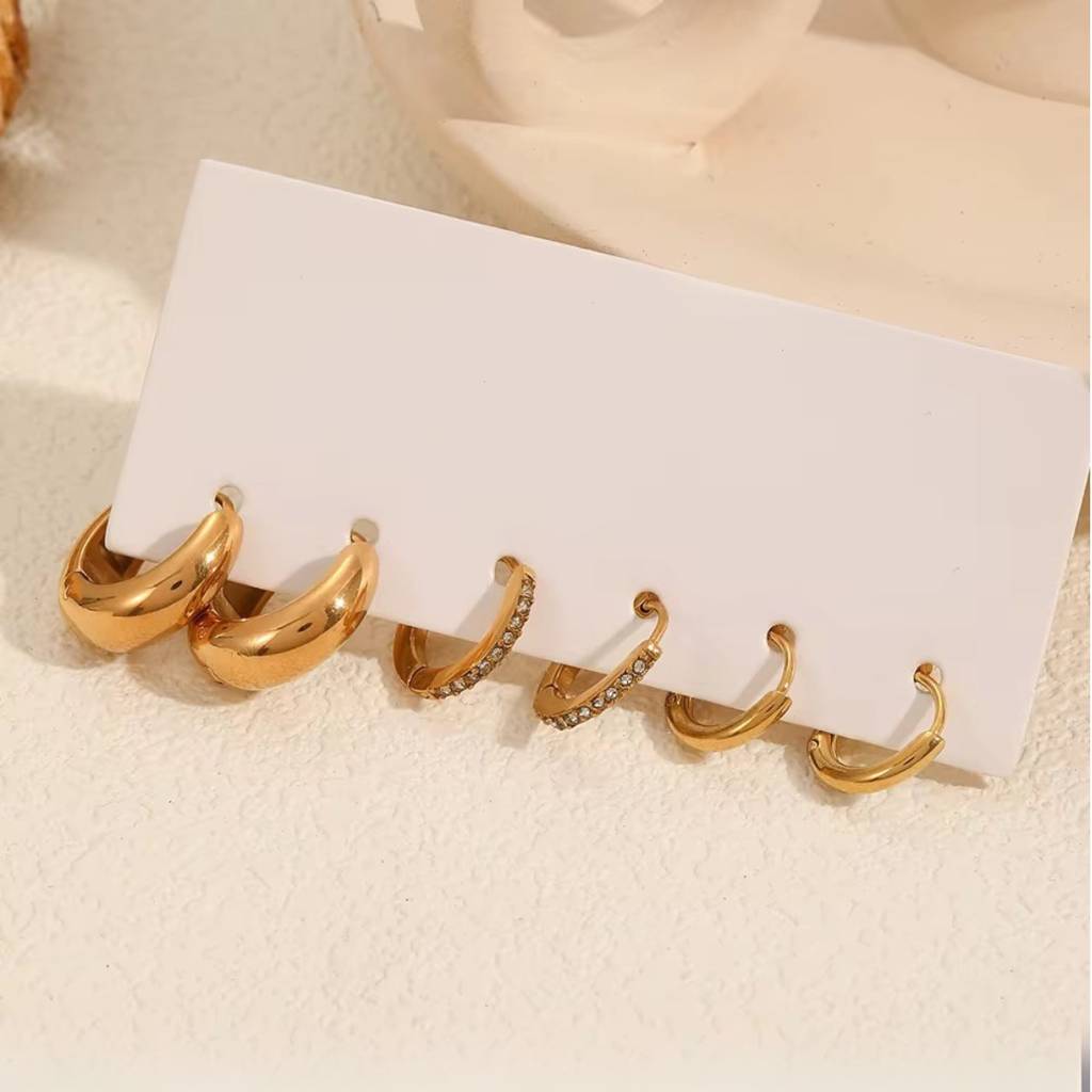 18Kt Gold Plated Dainty Set Of Three Bali And Golden Hoop Waterproof Earring Set, Pappilon : INPAPPILON