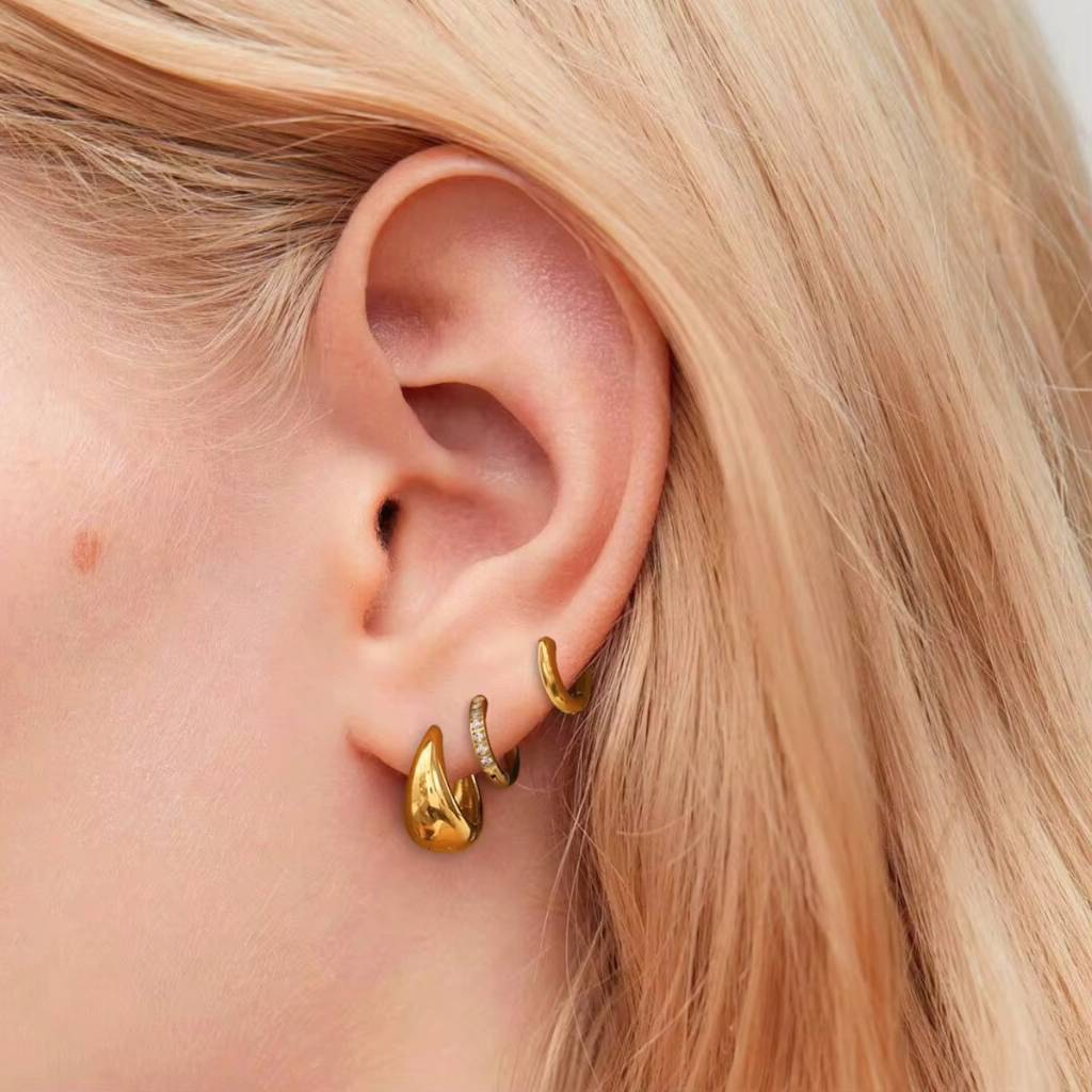 18Kt Gold Plated Dainty Set Of Three Bali And Golden Hoop Waterproof Earring Set, Pappilon : INPAPPILON