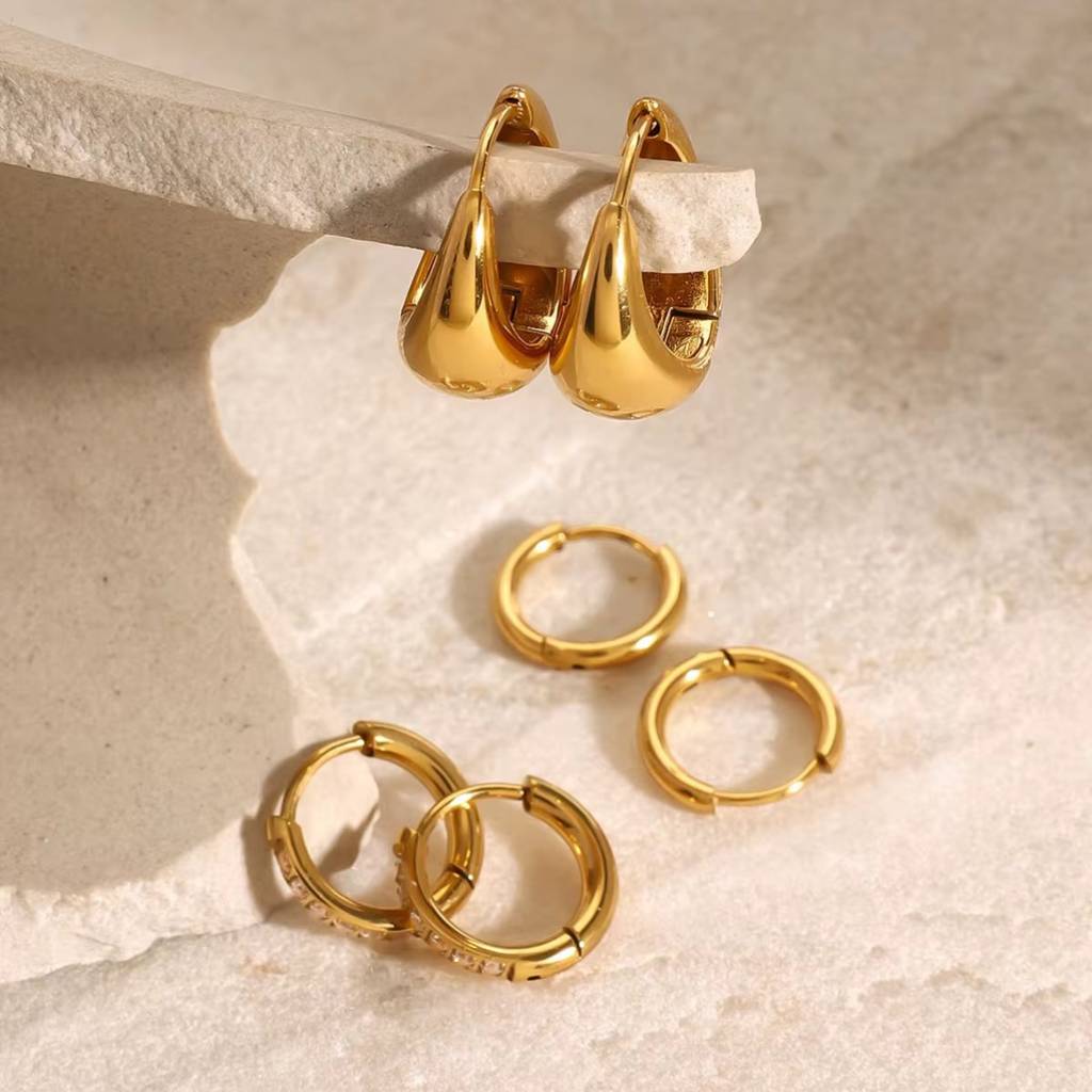 18Kt Gold Plated Dainty Set Of Three Bali And Golden Hoop Waterproof Earring Set, Pappilon : INPAPPILON