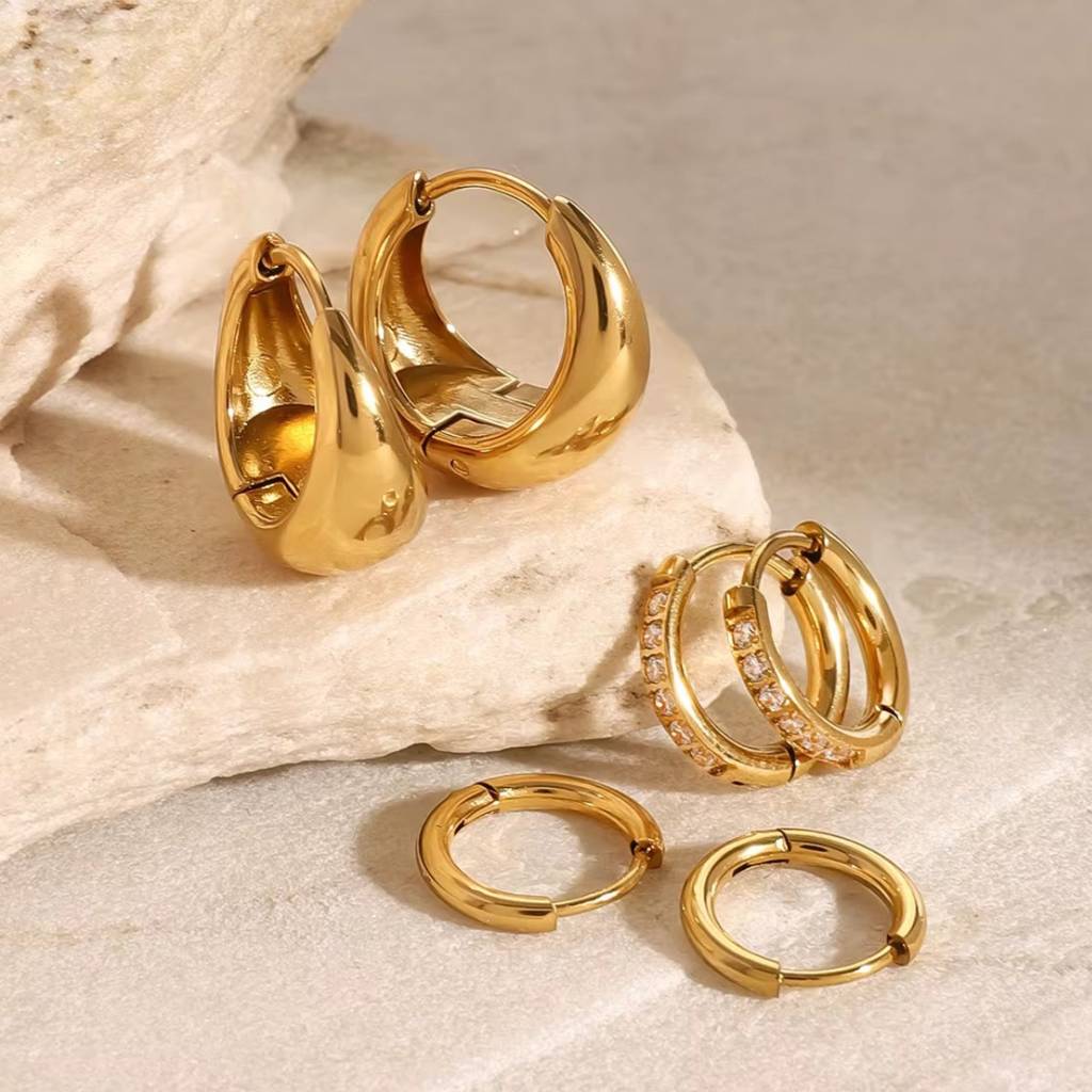 18Kt Gold Plated Dainty Set Of Three Bali And Golden Hoop Waterproof Earring Set, Pappilon : INPAPPILON