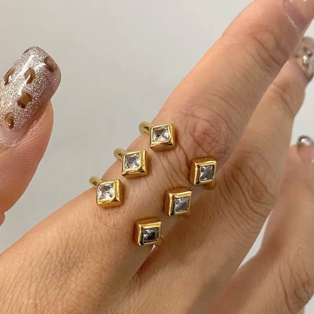 18Kt Gold Plated Statement 3 Stack Square Stone Stainless Steel Waterproof Ring, Paris : INPARIS