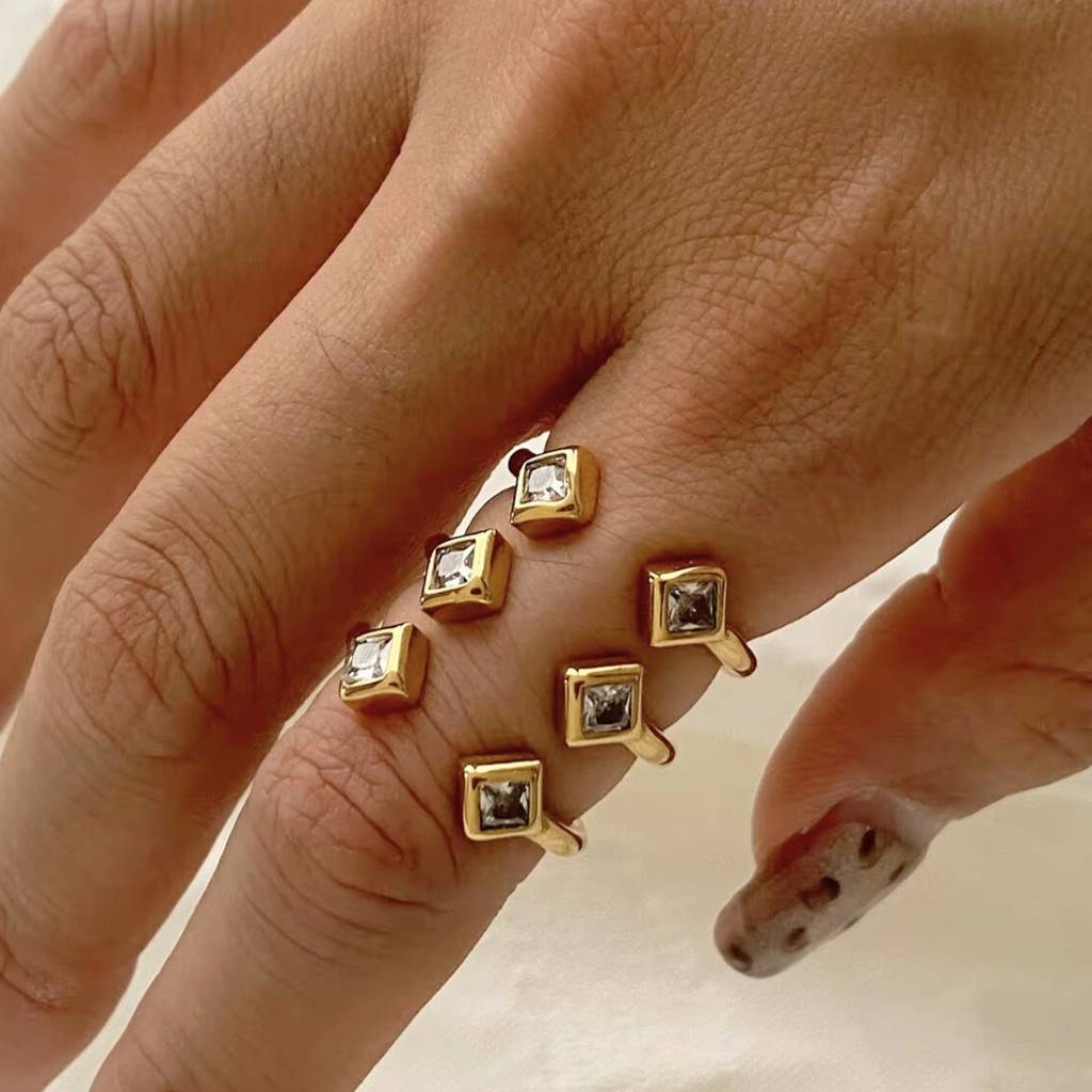 18Kt Gold Plated Statement 3 Stack Square Stone Stainless Steel Waterproof Ring, Paris : INPARIS