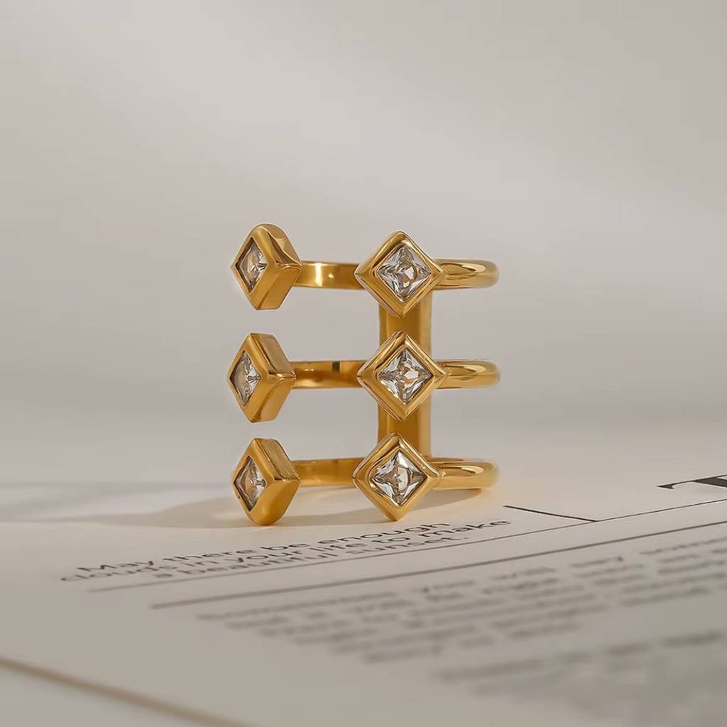 18Kt Gold Plated Statement 3 Stack Square Stone Stainless Steel Waterproof Ring, Paris : INPARIS