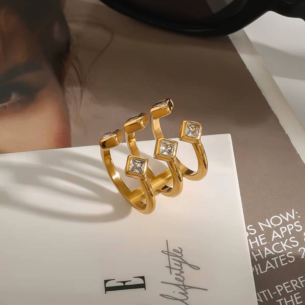 18Kt Gold Plated Statement 3 Stack Square Stone Stainless Steel Waterproof Ring, Paris : INPARIS
