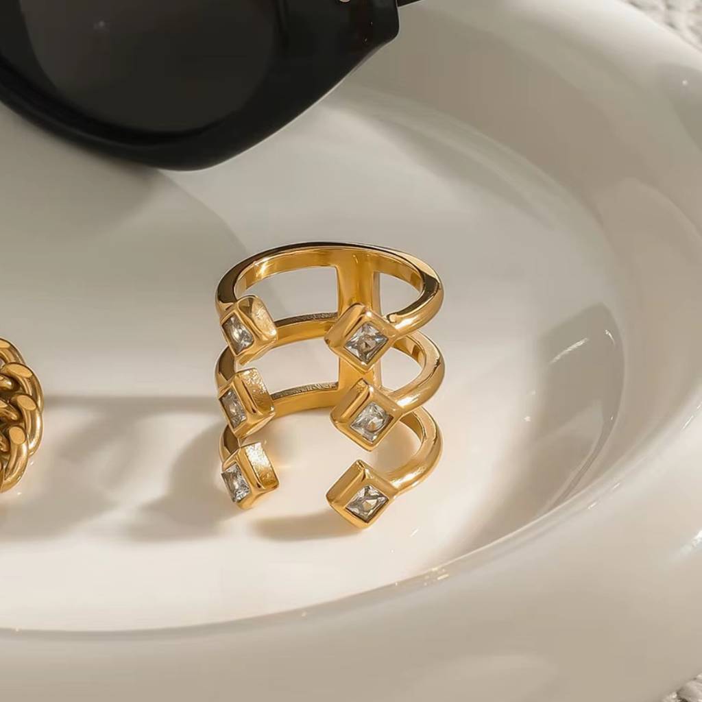 18Kt Gold Plated Statement 3 Stack Square Stone Stainless Steel Waterproof Ring, Paris : INPARIS
