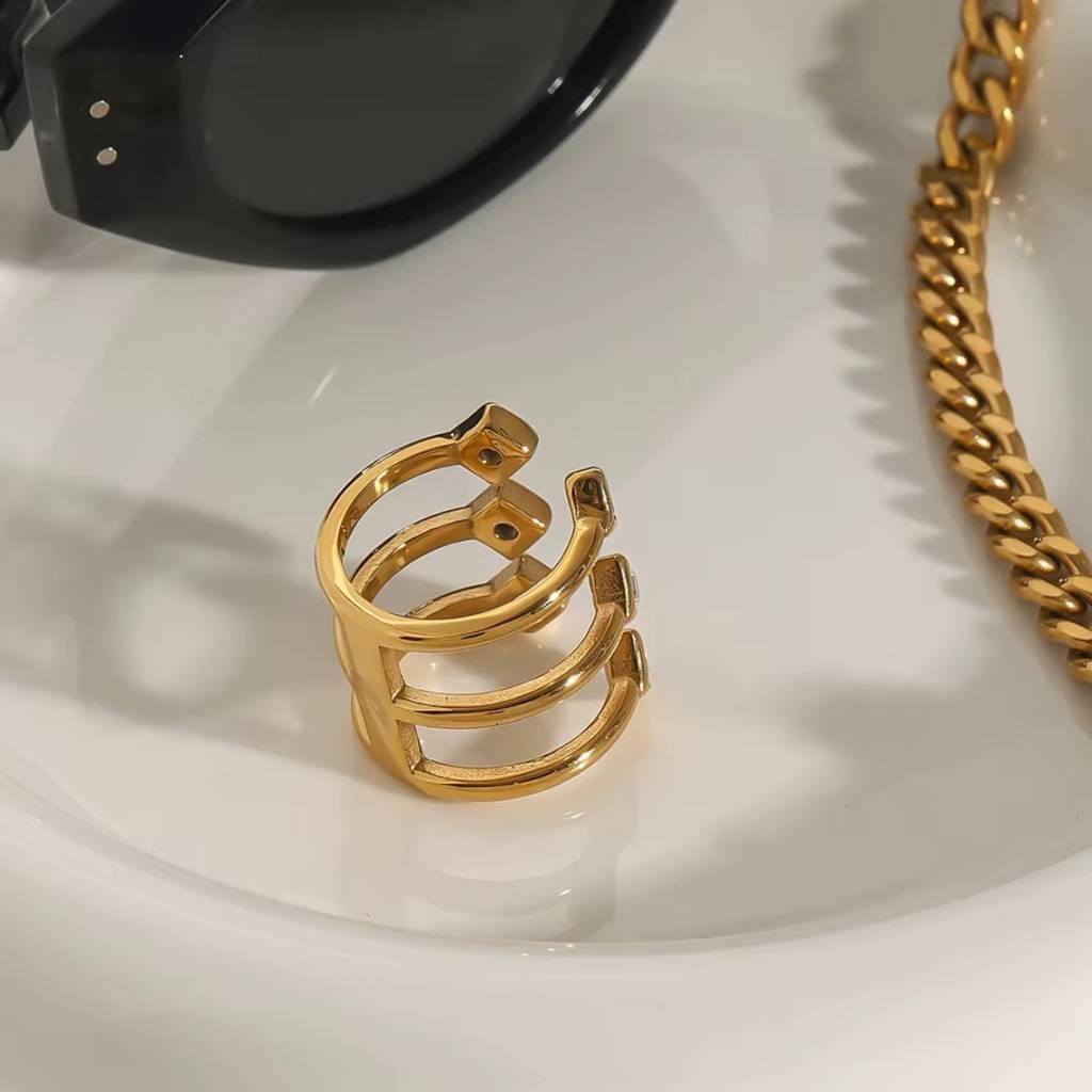 18Kt Gold Plated Statement 3 Stack Square Stone Stainless Steel Waterproof Ring, Paris : INPARIS