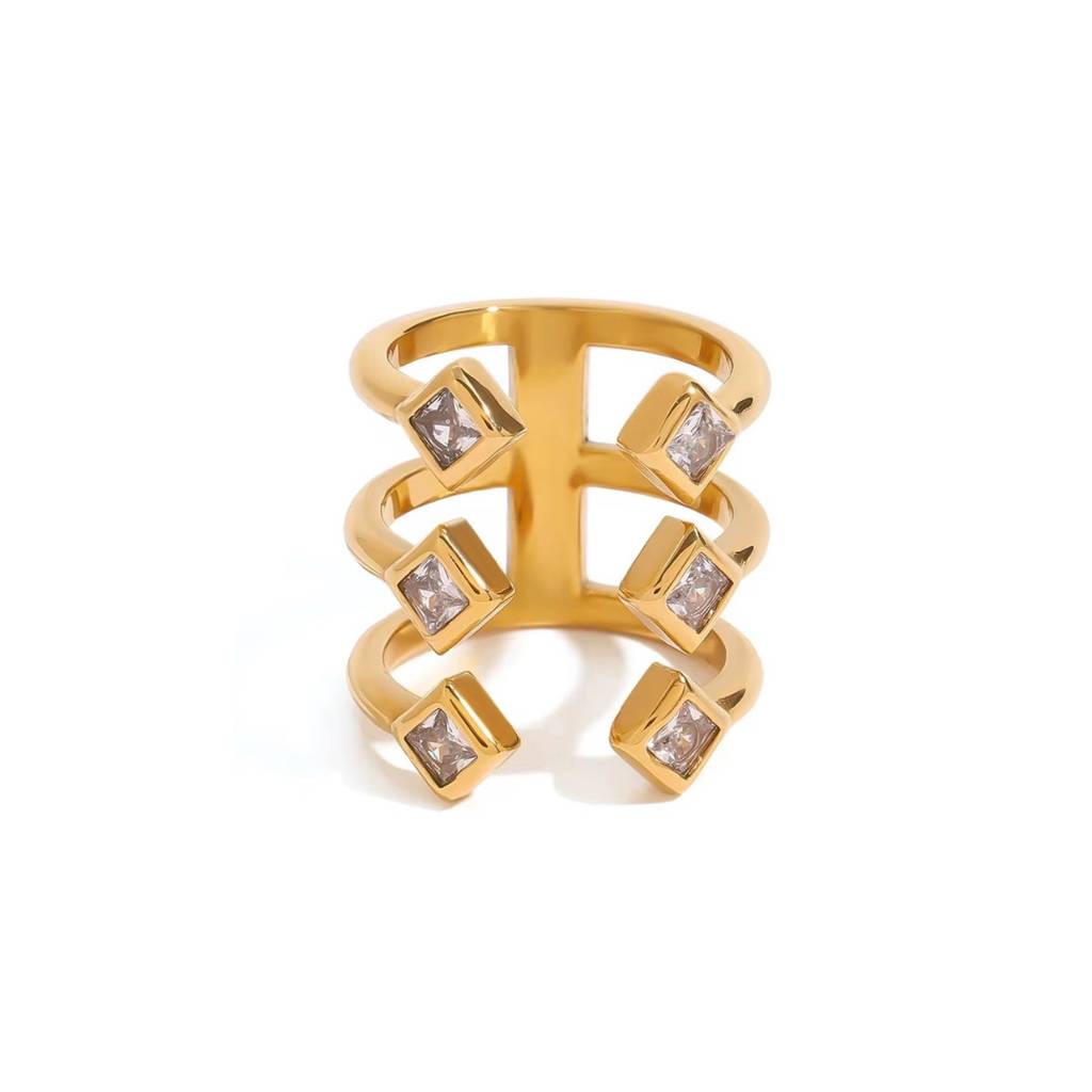 18Kt Gold Plated Statement 3 Stack Square Stone Stainless Steel Waterproof Ring, Paris : INPARIS