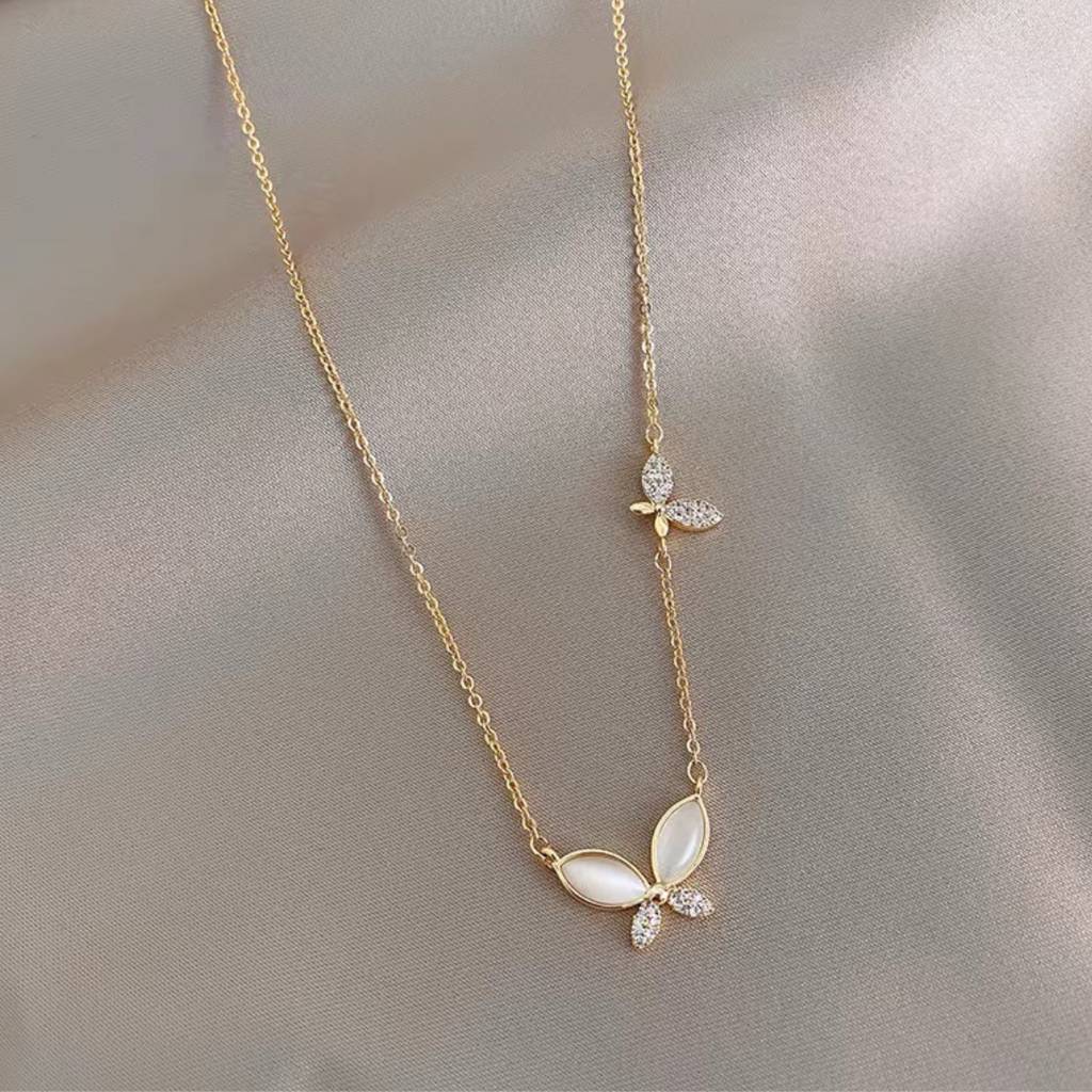 Opal Butterfly And Crystal Rhinestone Stainless Steel Waterproof Pendant Necklace, Vivi : INVIVI