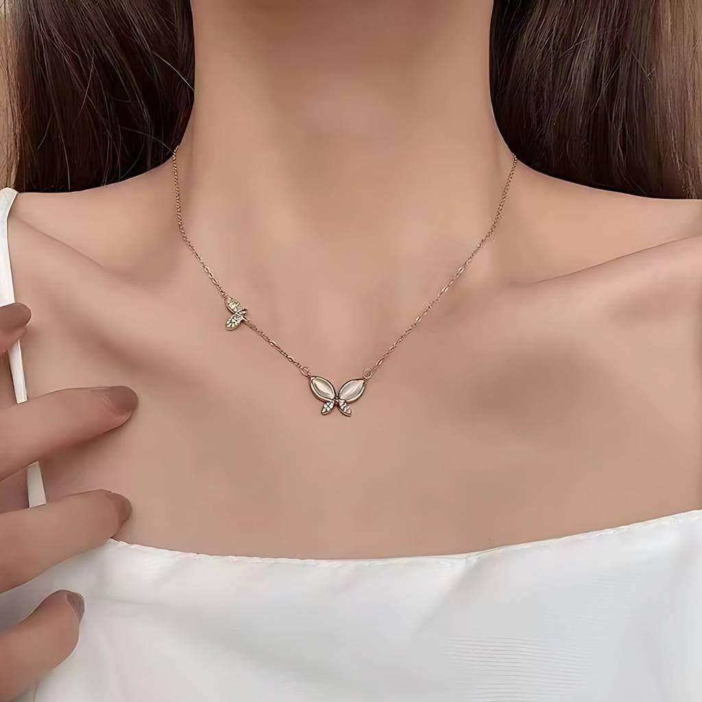 Opal Butterfly And Crystal Rhinestone Stainless Steel Waterproof Pendant Necklace, Vivi : INVIVI