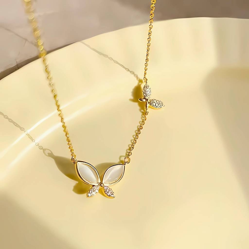 Opal Butterfly And Crystal Rhinestone Stainless Steel Waterproof Pendant  Necklace, Vivi Gold Stainless Steel