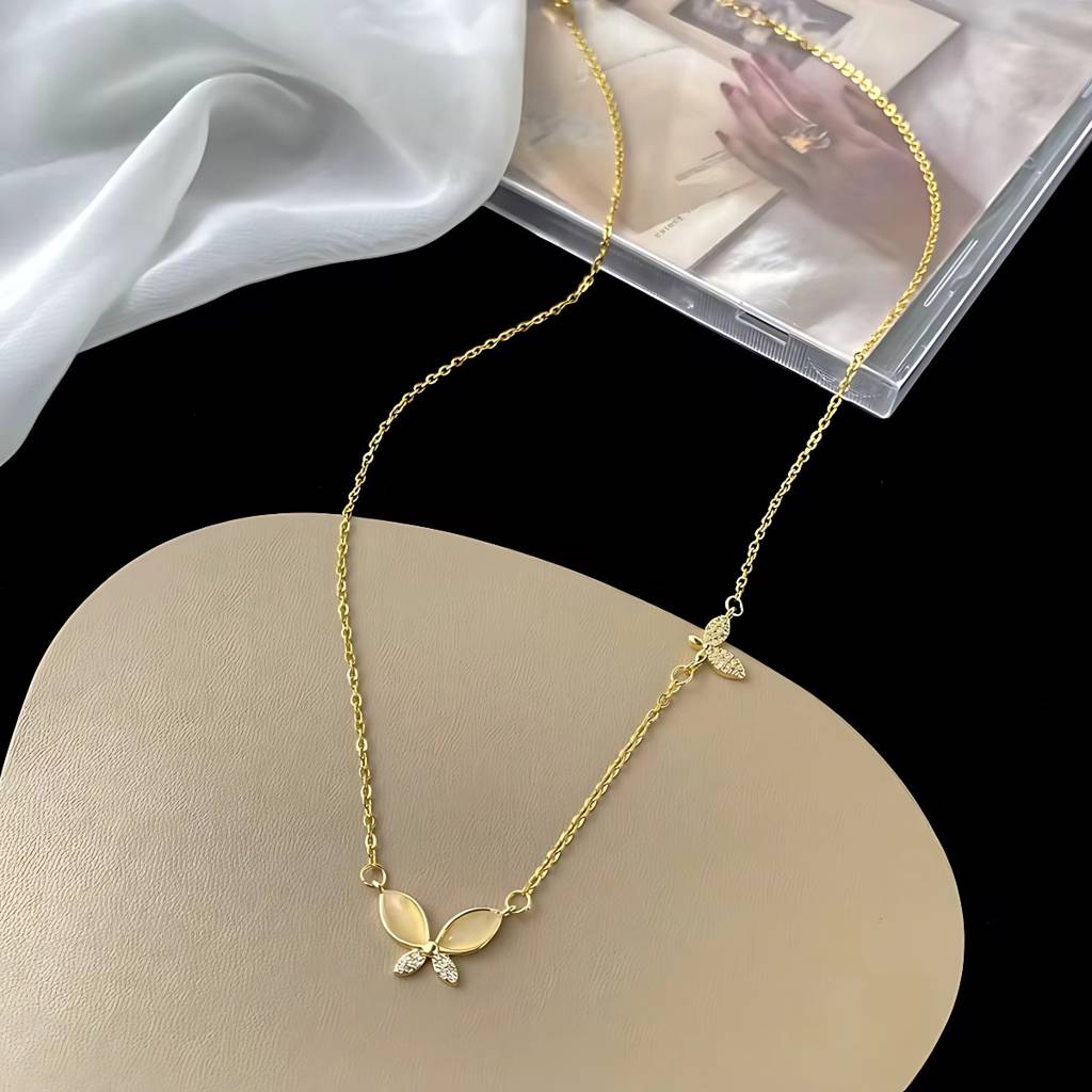 Opal Butterfly And Crystal Rhinestone Stainless Steel Waterproof Pendant Necklace, Vivi : INVIVI