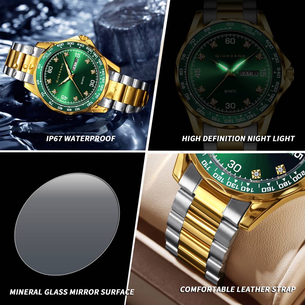 Giordano Two-Tone Analog Watch For Men - Crystal Hour Markers, Textured Bezel Design, Day & Date Display, Stainl : GZ-50177-33