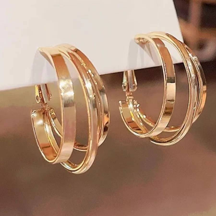 Gold Plated Triple Layer Contemporary Hoop Earrings