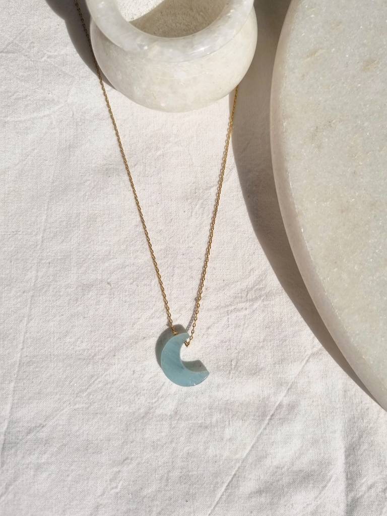 Aquamarine Luna Moon Pendant With 18Kt Gold Plated On Brass Chain