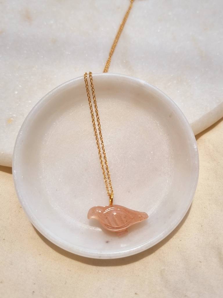 Peach Moonstone Dove Pendant With 18Kt Gold Plated On Brass Chain