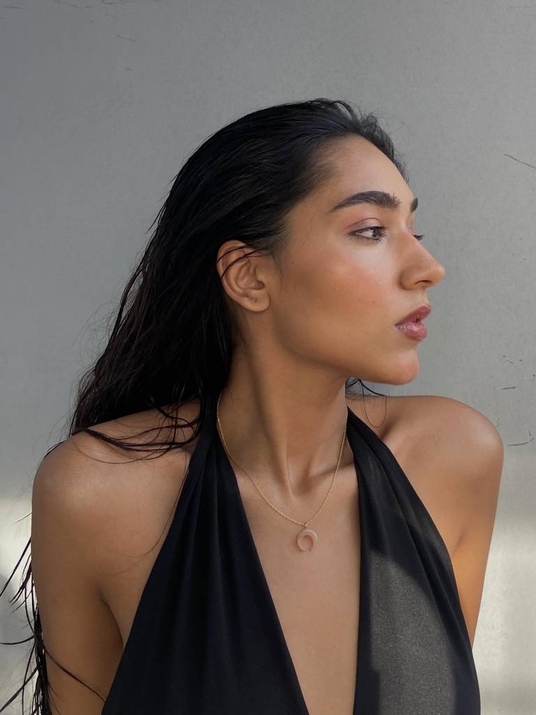 Peach Moonstone Crescent Moon Pendant With 18Kt Gold Plated On Brass Chain : NO-K-6299-16