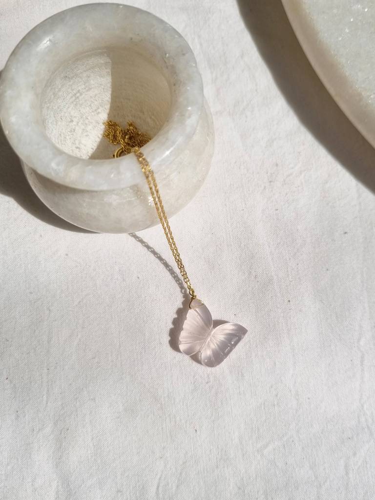 Rose Quartz Butterfly Pendant With 18Kt Gold Plated On Brass Chain : NO-O-7015-16