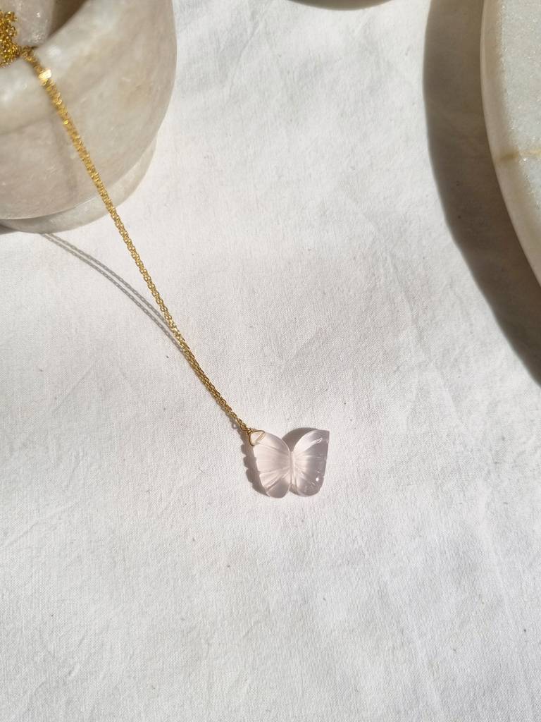 Rose Quartz Butterfly Pendant With 18Kt Gold Plated On Brass Chain : NO-O-7015-16