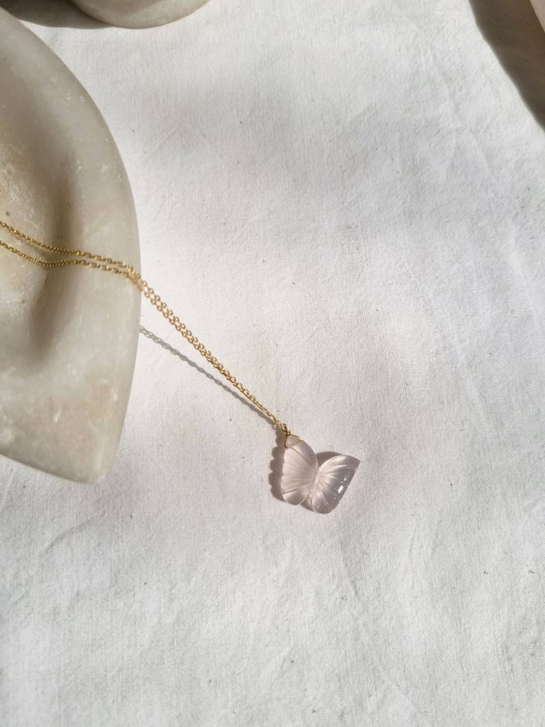 Rose Quartz Butterfly Pendant With 18Kt Gold Plated On Brass Chain : NO-O-7015-16