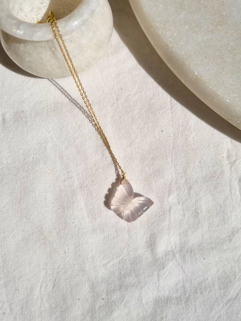 Rose Quartz Butterfly Pendant With 18Kt Gold Plated On Brass Chain : NO-O-7015-16