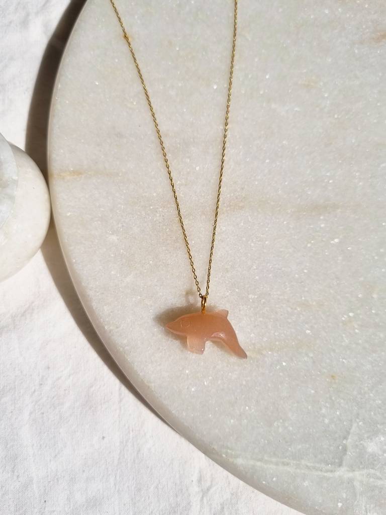Peach Moonstone Dolphin Pendant With 18Kt Gold Plated On Brass