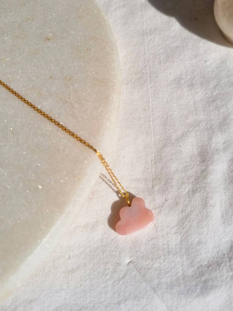 Pink Opal Cloud Pendant With 18Kt Gold Plated On Brass Chain