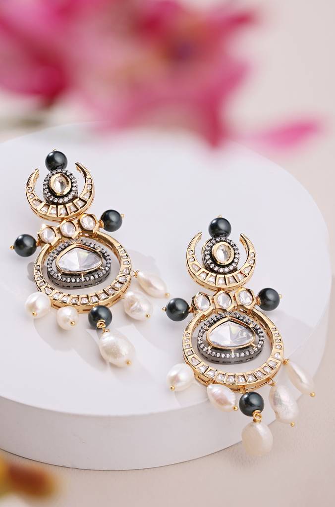 Kundan Polki Pearl Chandelier Earrings