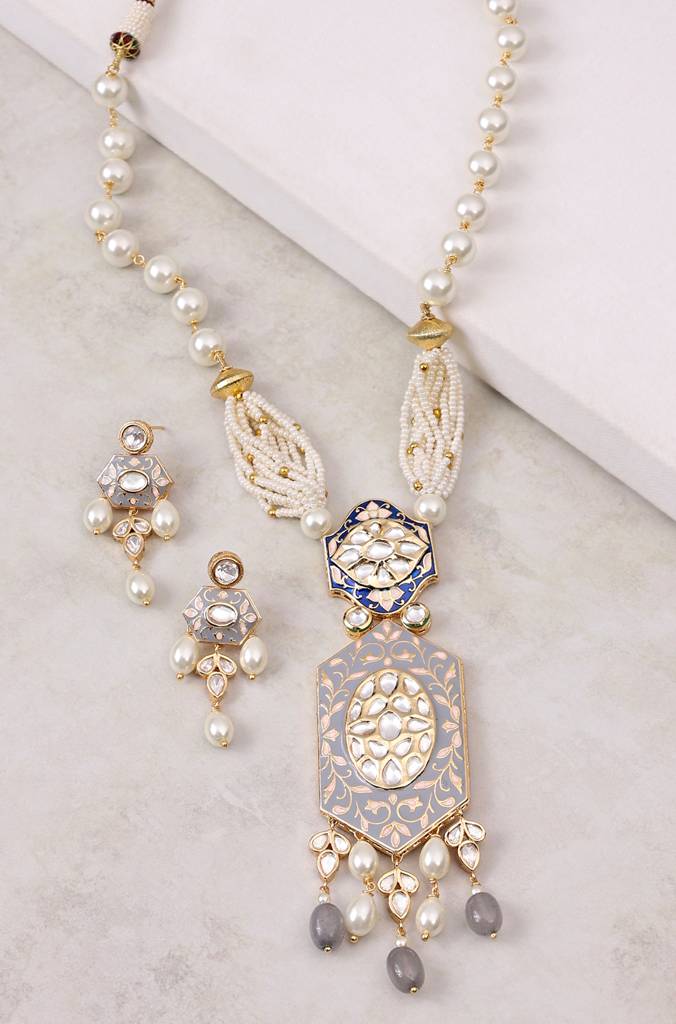 Grey Enamelled And White Pearl Necklace Set