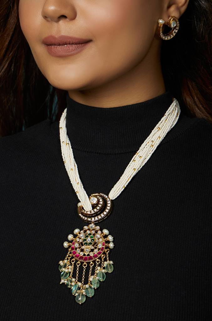 Pearl And Gold Tone Polki Necklace Set