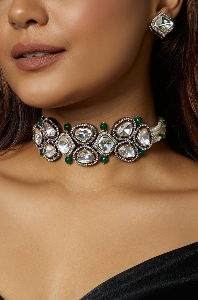 Green Rose Gold Polki Necklace Set main image 1