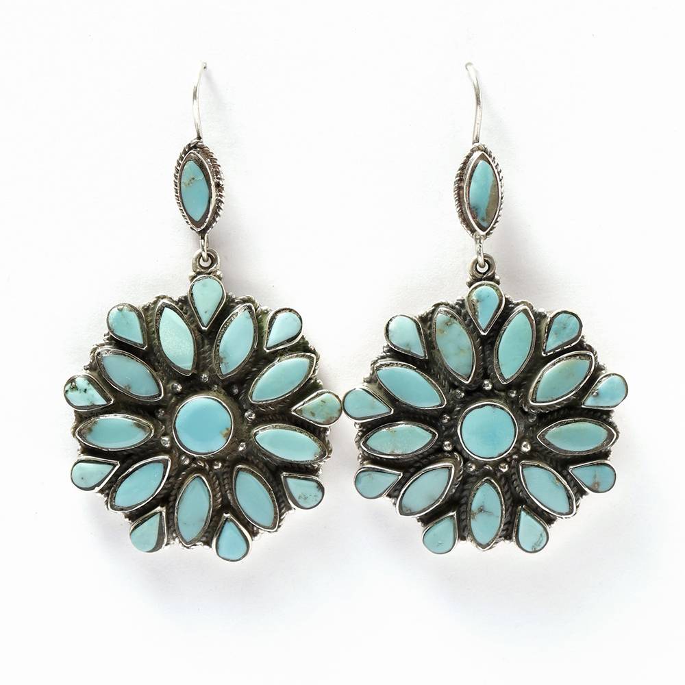 Sterling Silver Turquoise Earrings With Flower Tibetan Design : JAL31