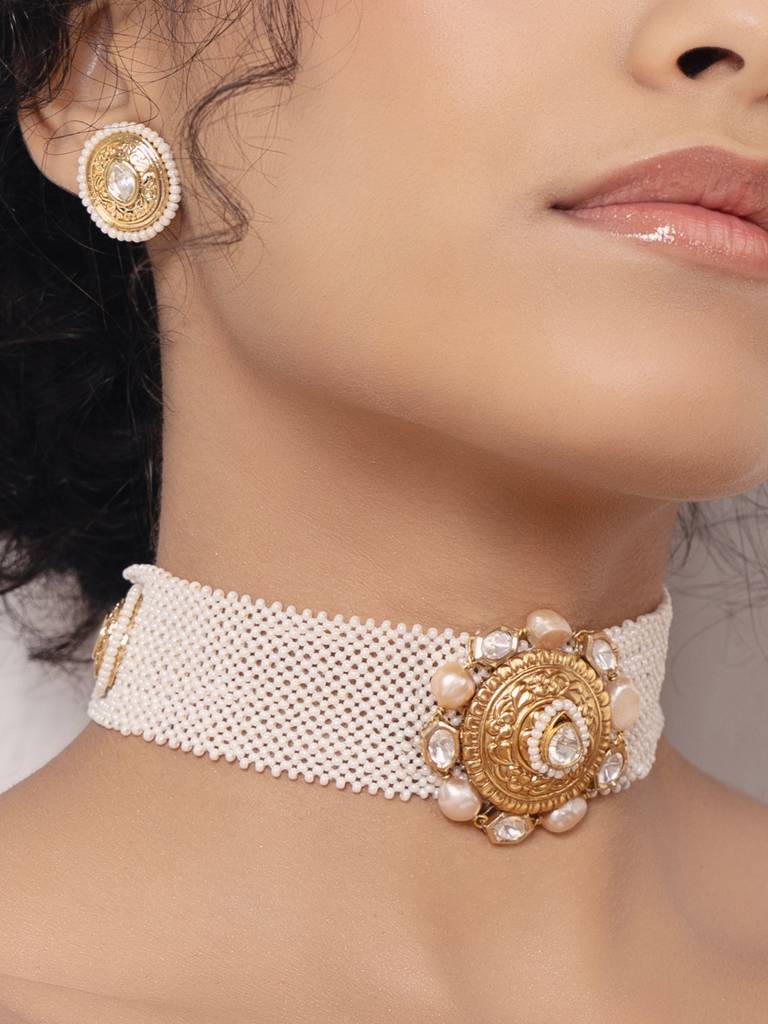 Polki-Pearl Elegant Choker Necklace Set : JBR24AUHMCOL1458