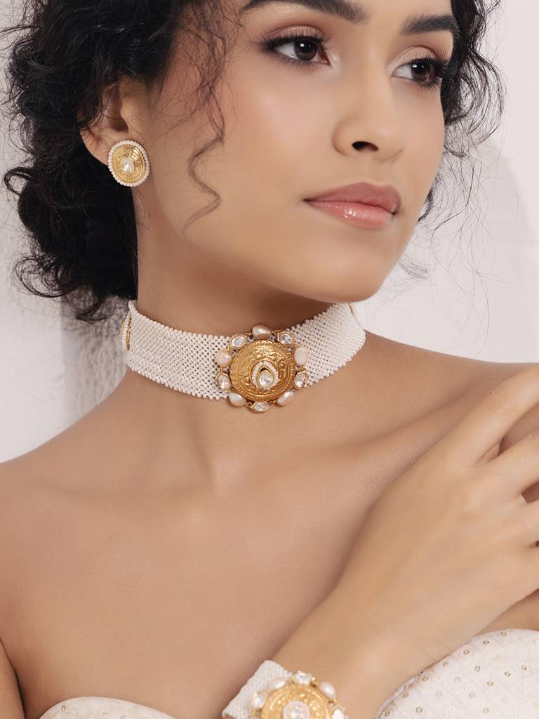 Polki-Pearl Elegant Choker Necklace Set : JBR24AUHMCOL1458