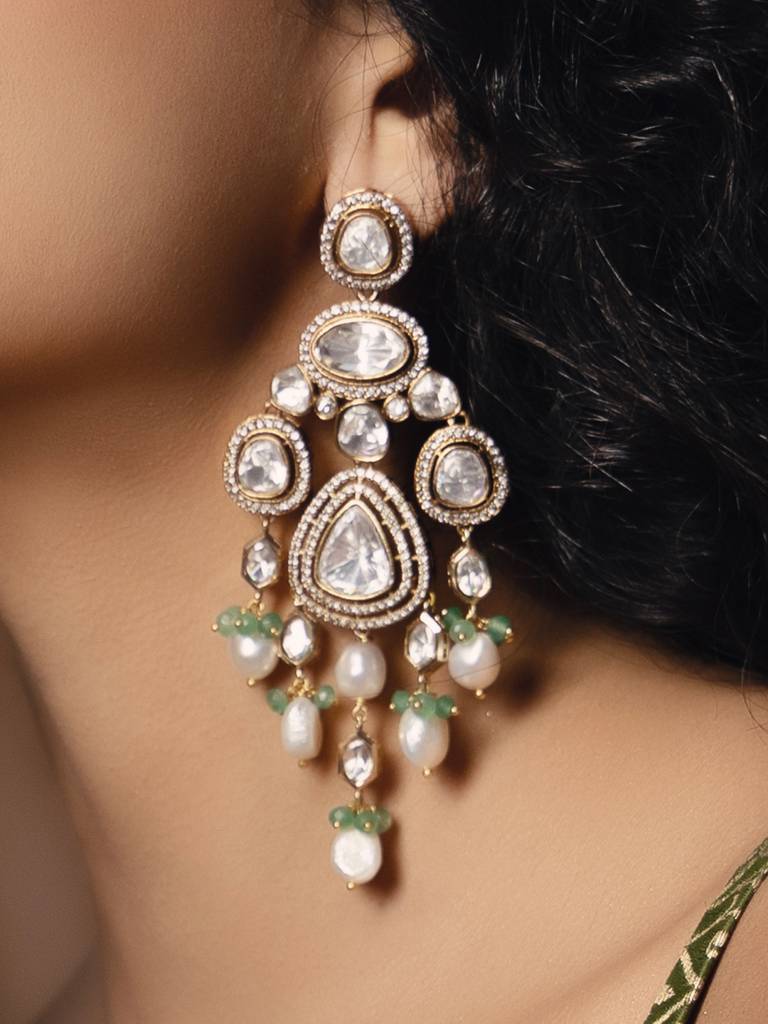 Polki-Pearl Green And White Earrings : JBR24AUHMCOL1518