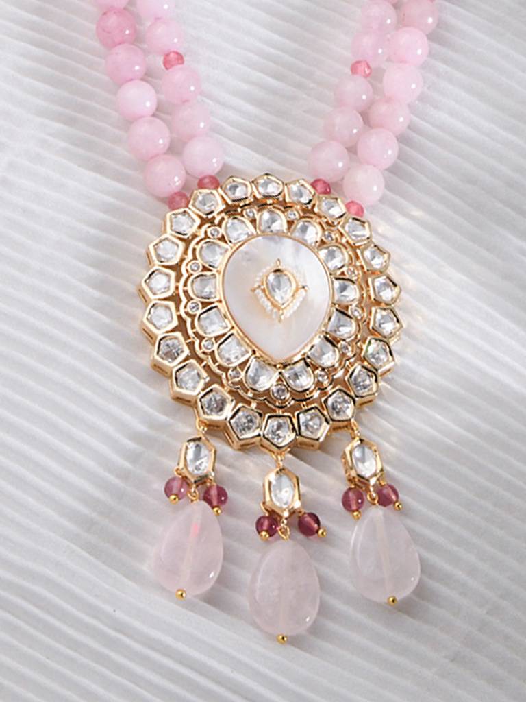 Pink Beaded Kundan Polki Necklace : JBRJUL24N1