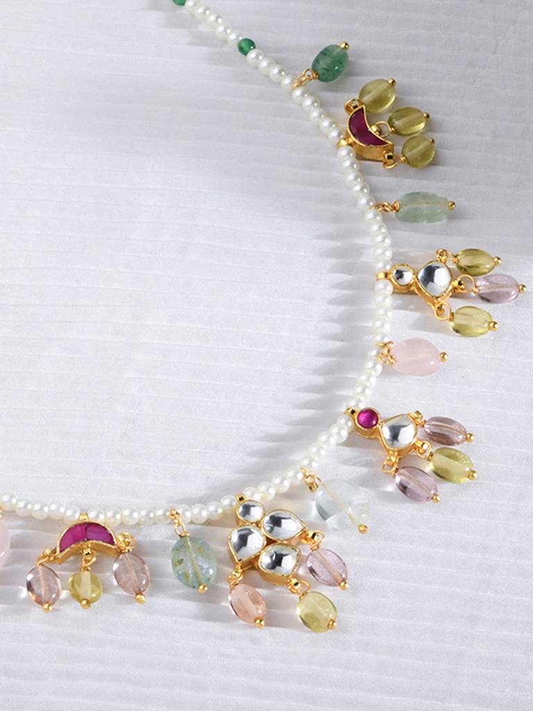 Pearl And Jade Beaded Multicolor Necklace : JBRJUL24N2