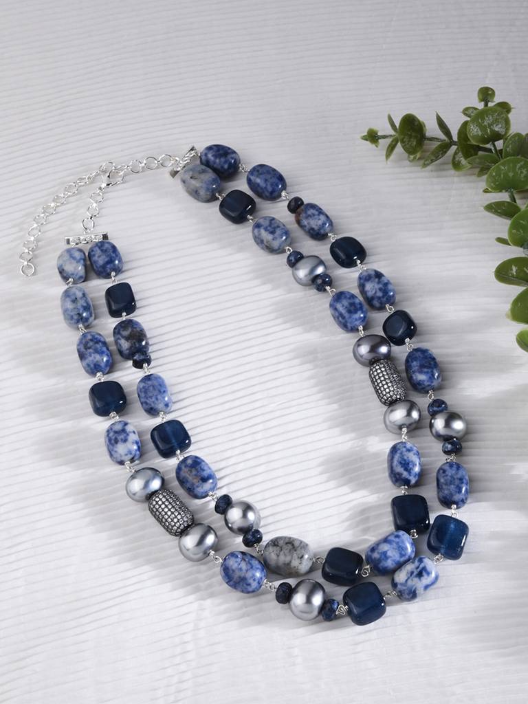 Silver Blue Jade Two-Layer Necklace : JBRJUL24N3