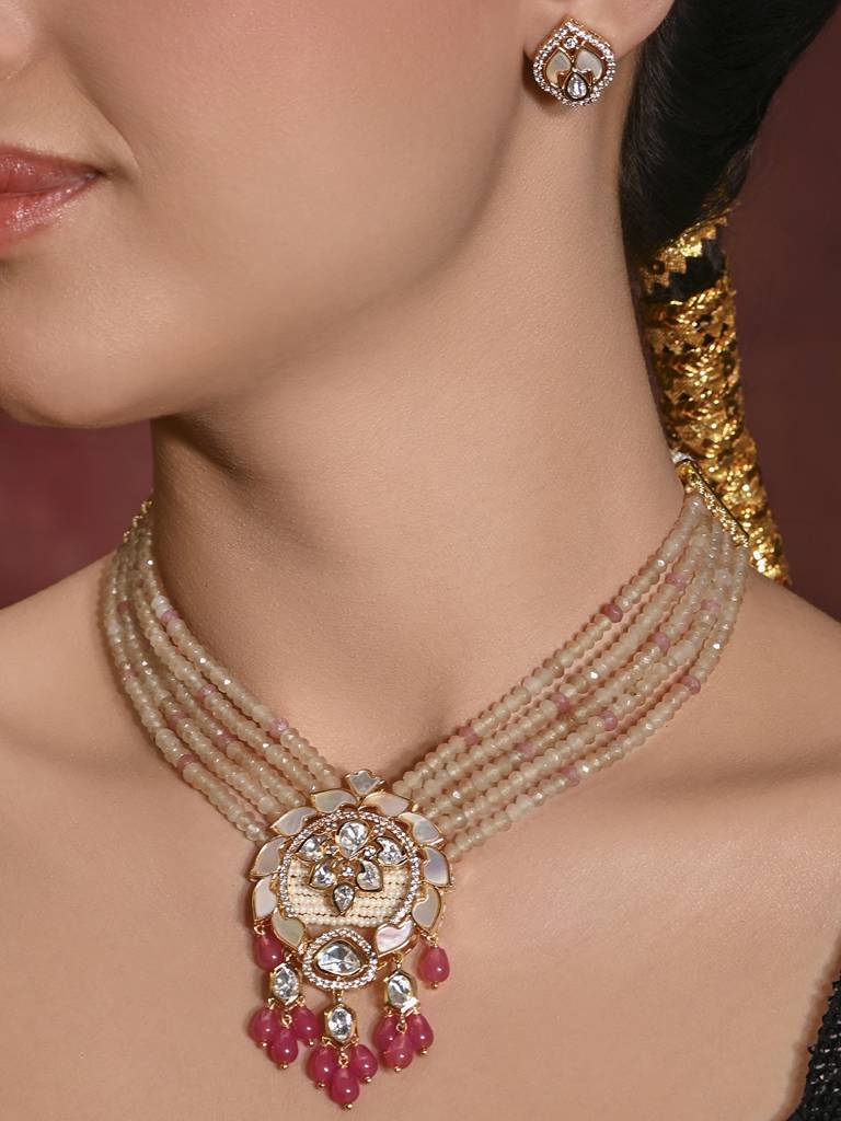 Dazzling Pink Necklace With Earrings : JBRMR24NKS48