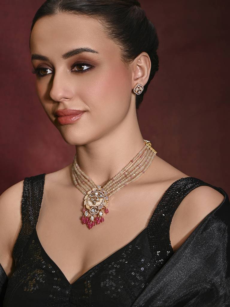 Dazzling Pink Necklace With Earrings : JBRMR24NKS48