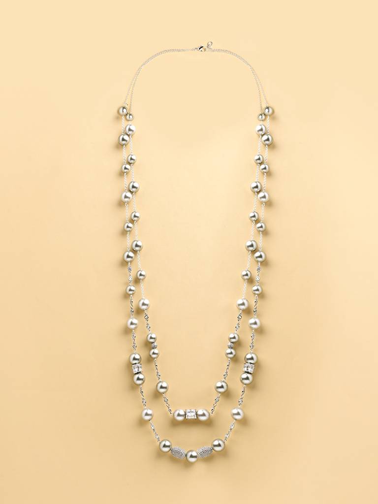 Grey Pearl Diamante Stud Sautoir