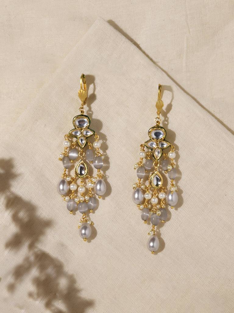 White Grey Kundan Dangler Earrings : JBRPRMYER39